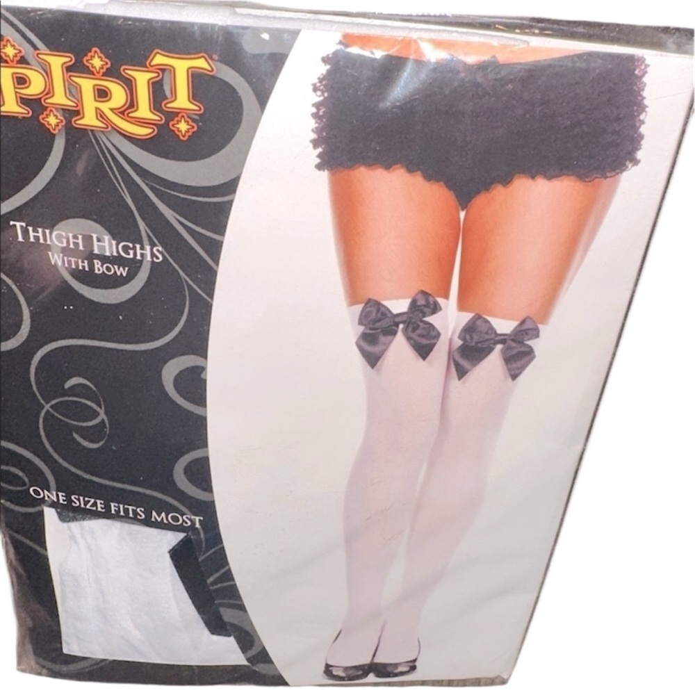 Spirit Halloween White Thigh Highs with Black Bows one size new in package